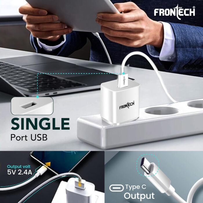 FRONTECH 12W/2.4A Single USB Port Mobile Charger, Comes with Type-C Data Cable, Supports Ultra Fast Charging, Quick Charge 3.0, Fuse Protection (0951CW, White) - Image 3